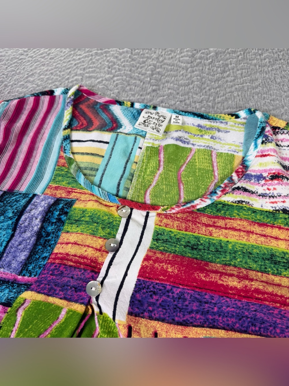Parsley and Sage Top Womens Medium Multicolor Striped Patchwork 3/4 Sleeve Boho